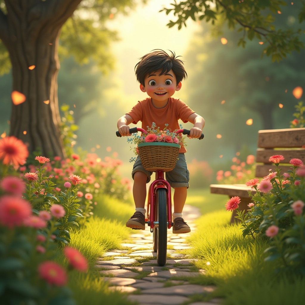 Boy on Red Bicycle in Lush Floral Garden