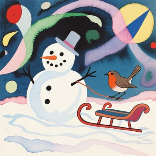 Dreamlike Snowman with Robin and Sleigh in Kandinsky Style
