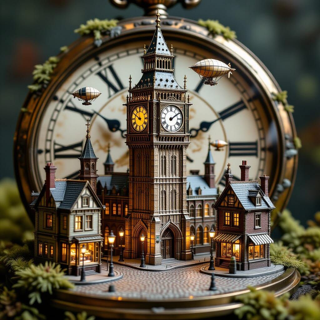Ancient Clock Tower Overlooking Miniature Victorian City in ...