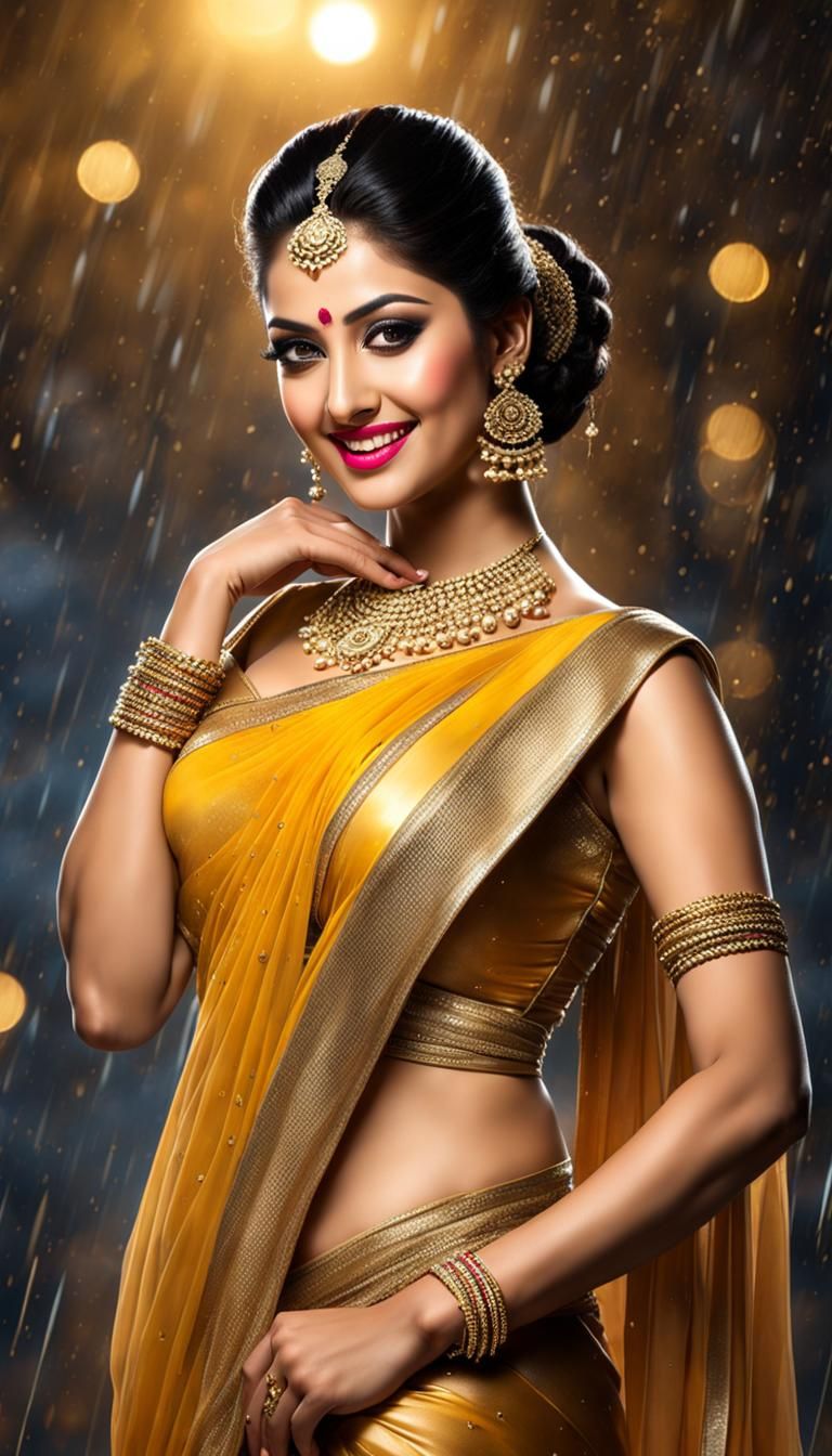 Golden Saree in Moonlight: Hyperrealistic Graffiti Art
