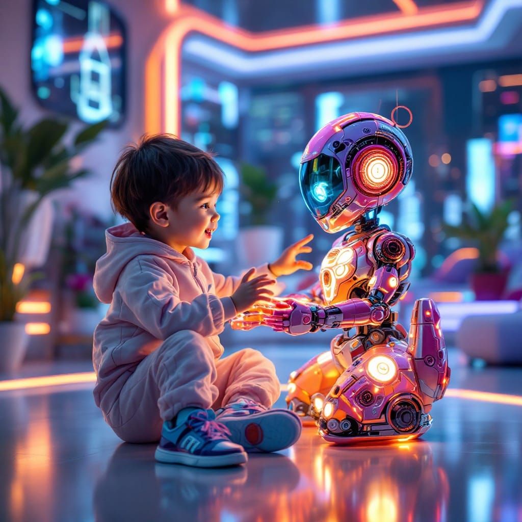 Child and Robot Toy in Futuristic Room, Hyper-Realistic