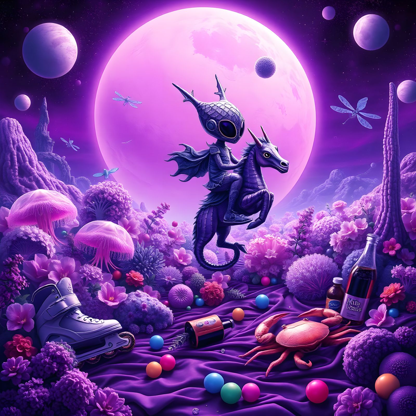 Surreal Purple Assemblage with Bioluminescent Lighting