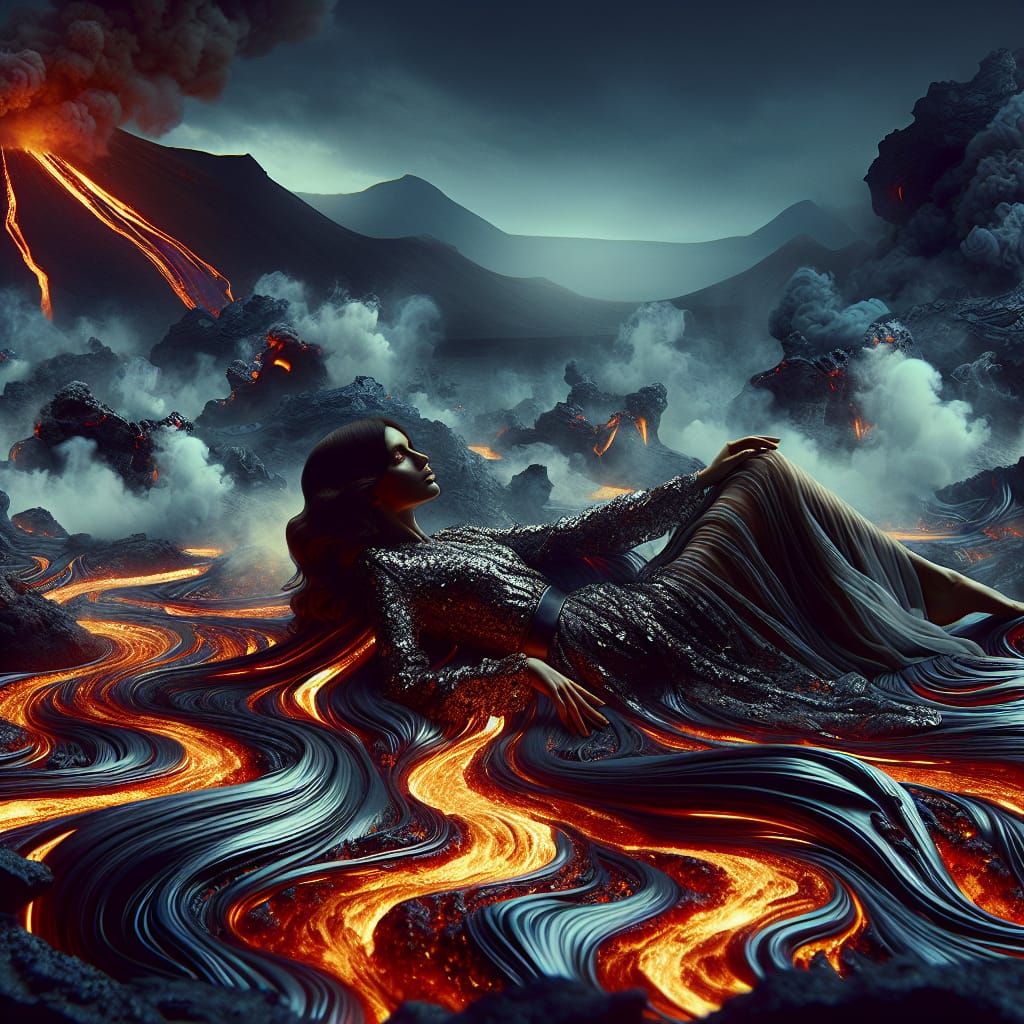Surreal Woman Relaxing in Flowing Lava River