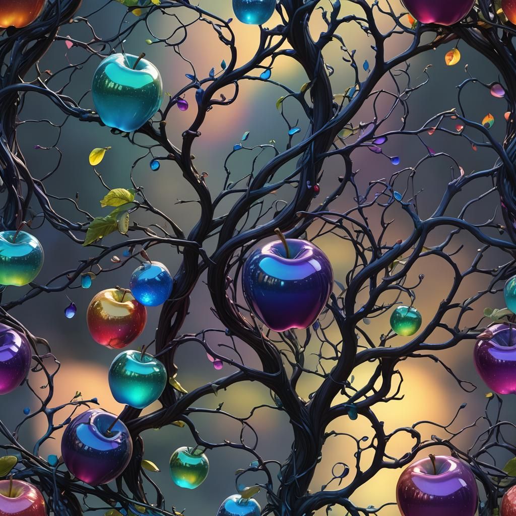 Glowing Rainbow Glass Apple in Dark Fantasy Style