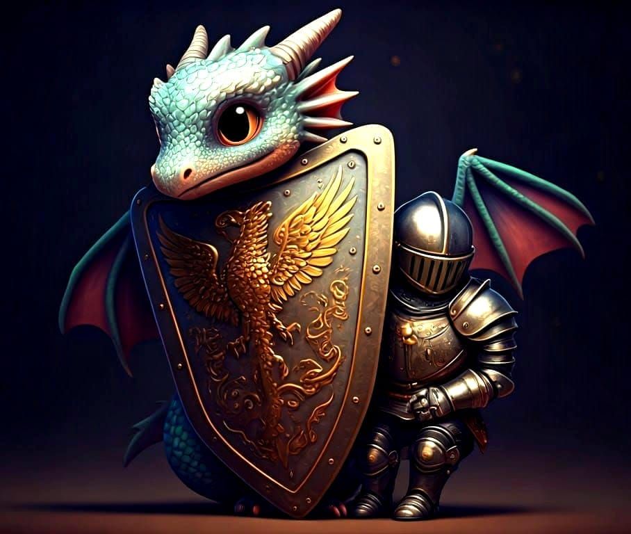 Dragon and Knight Hide Behind Shield