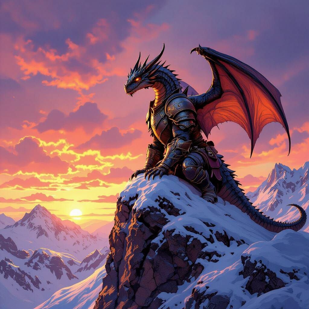 Wyvern in Armor on Mountain at Sunset
