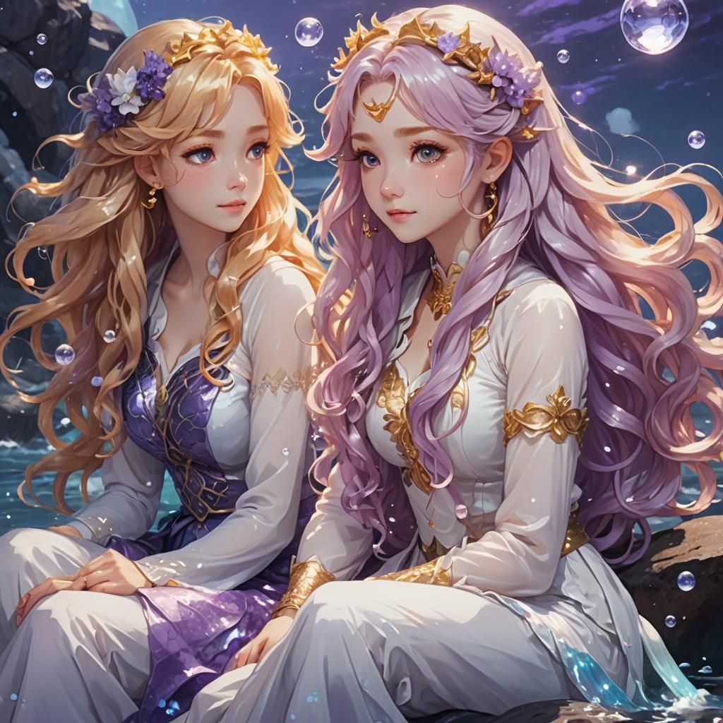 Anime Mermaids in Moonlight, 3D Rendered