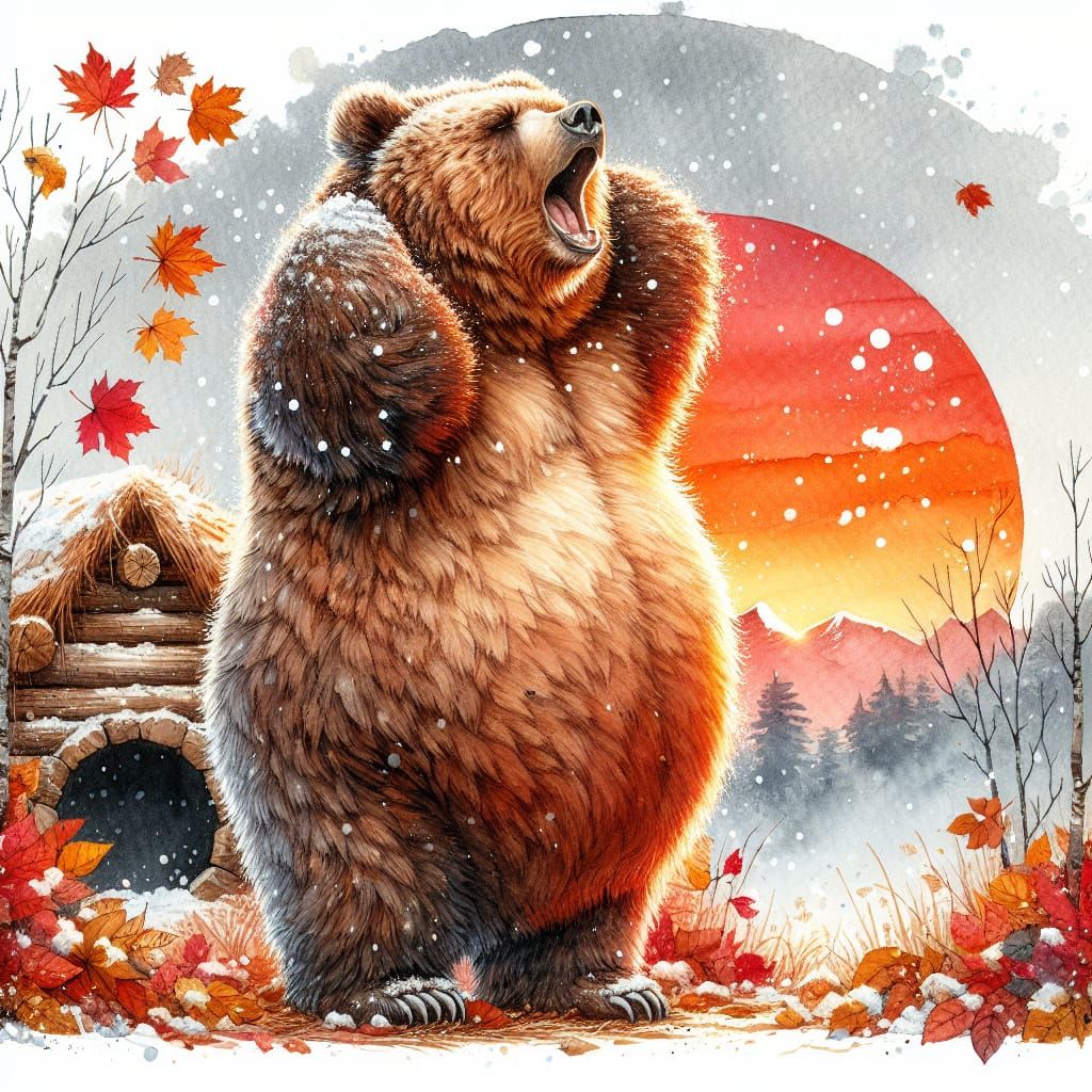Watercolor Brown Bear Welcoming the Autumn Snow