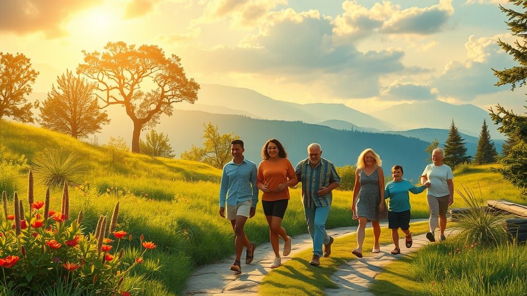 Friends Walking a Sunlit Path in Dreamy Fantasy Style