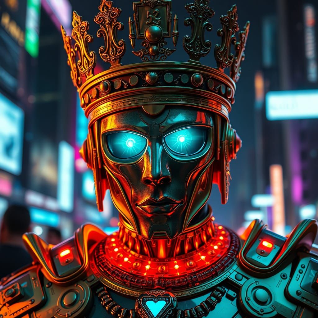 Cyberpunk Emperor with Gold Crown and Holographic Eyes