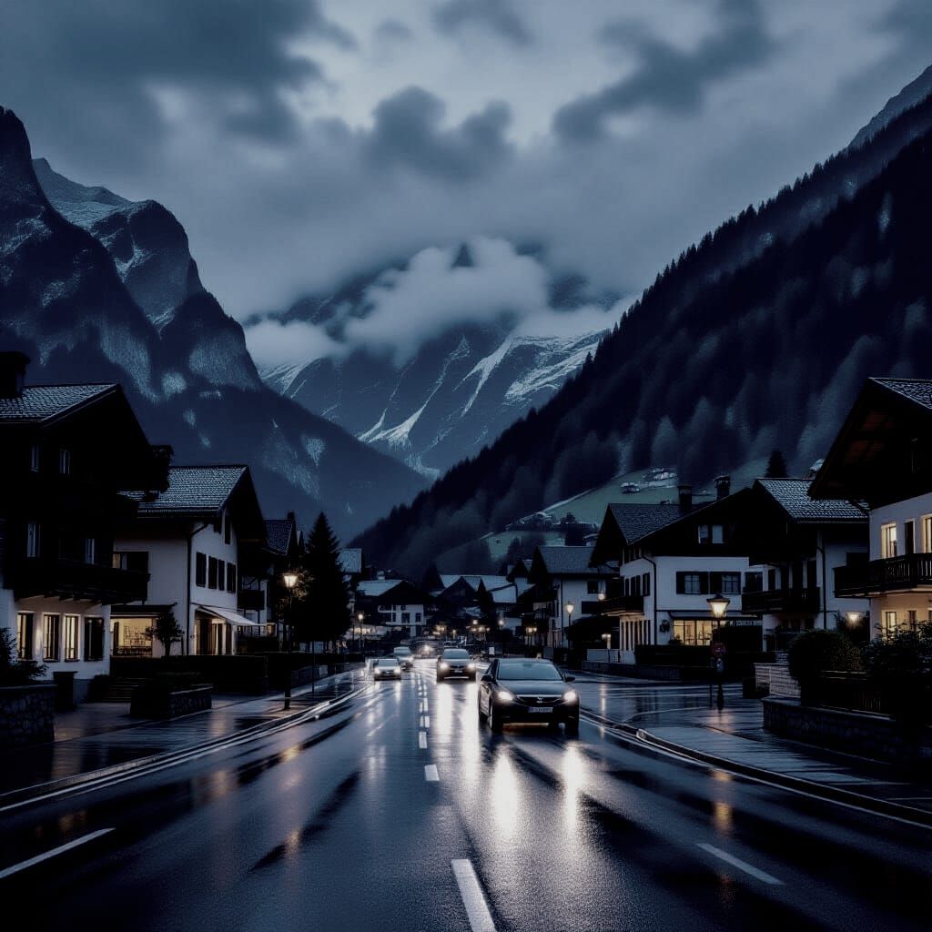 Stormy Swiss Village at Dusk with Waterfall