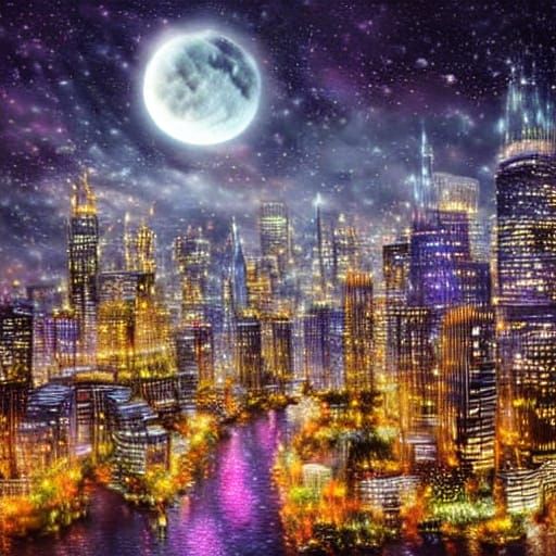 Upside Down Cityscape Under Full Moon