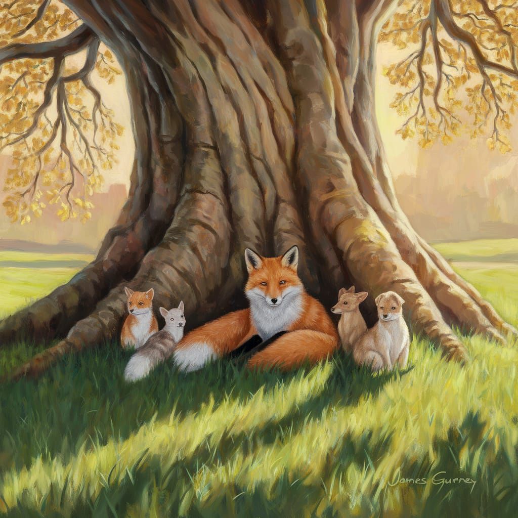 Fox and Friends Under Oak Tree, Oil Painting