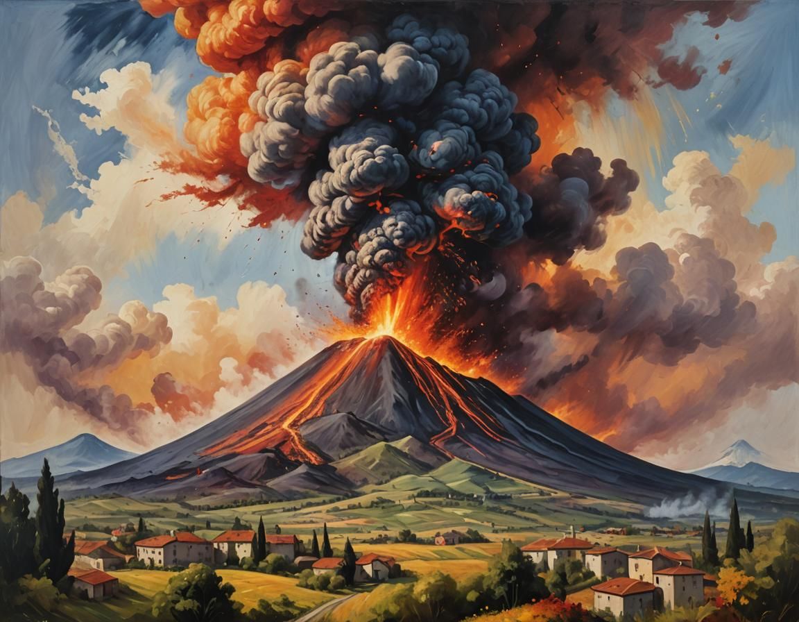 Volcano Eruption in Italian Countryside, Impressionistic Oil