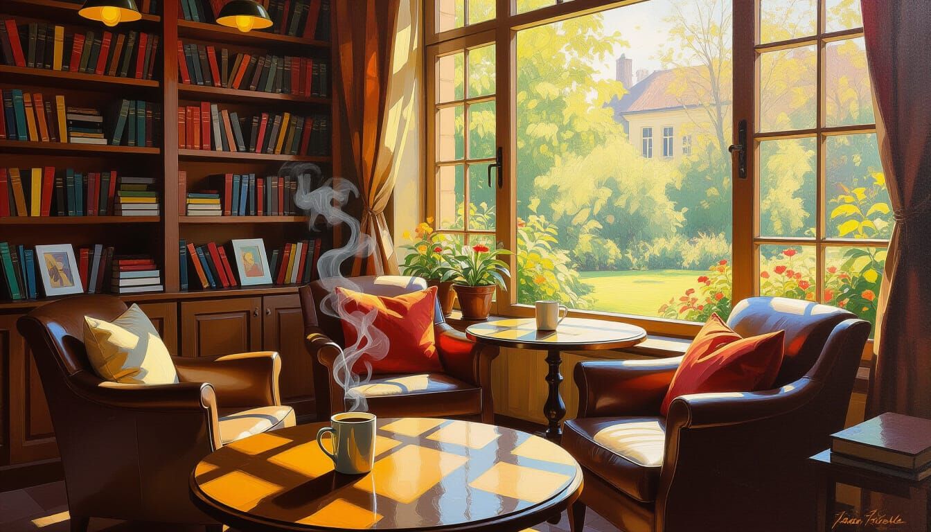 Sun-Drenched Coffee Shop Interior as Oil Painting