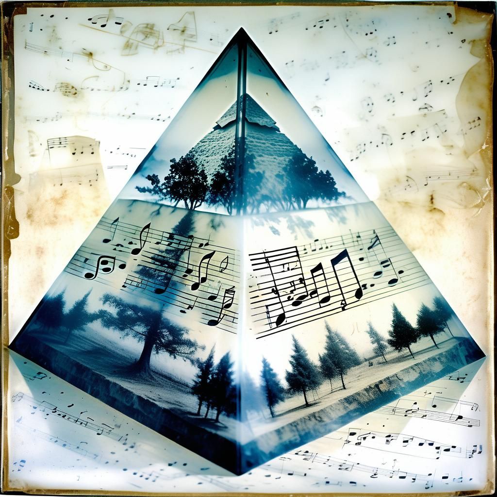 Encaustic Pyramid with Musical Notes in Double Exposure