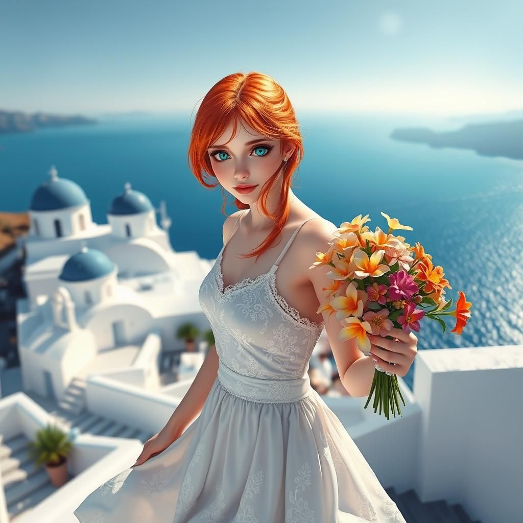 Anime Girl on Santorini Coast as Digital Art