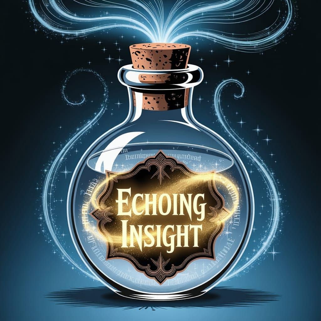 Magical Potion Labeled Echoing Insight with Glowing Words