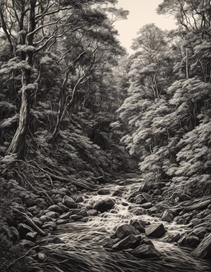 Dramatic Black Ink Drawing of Nature in Hyperrealism