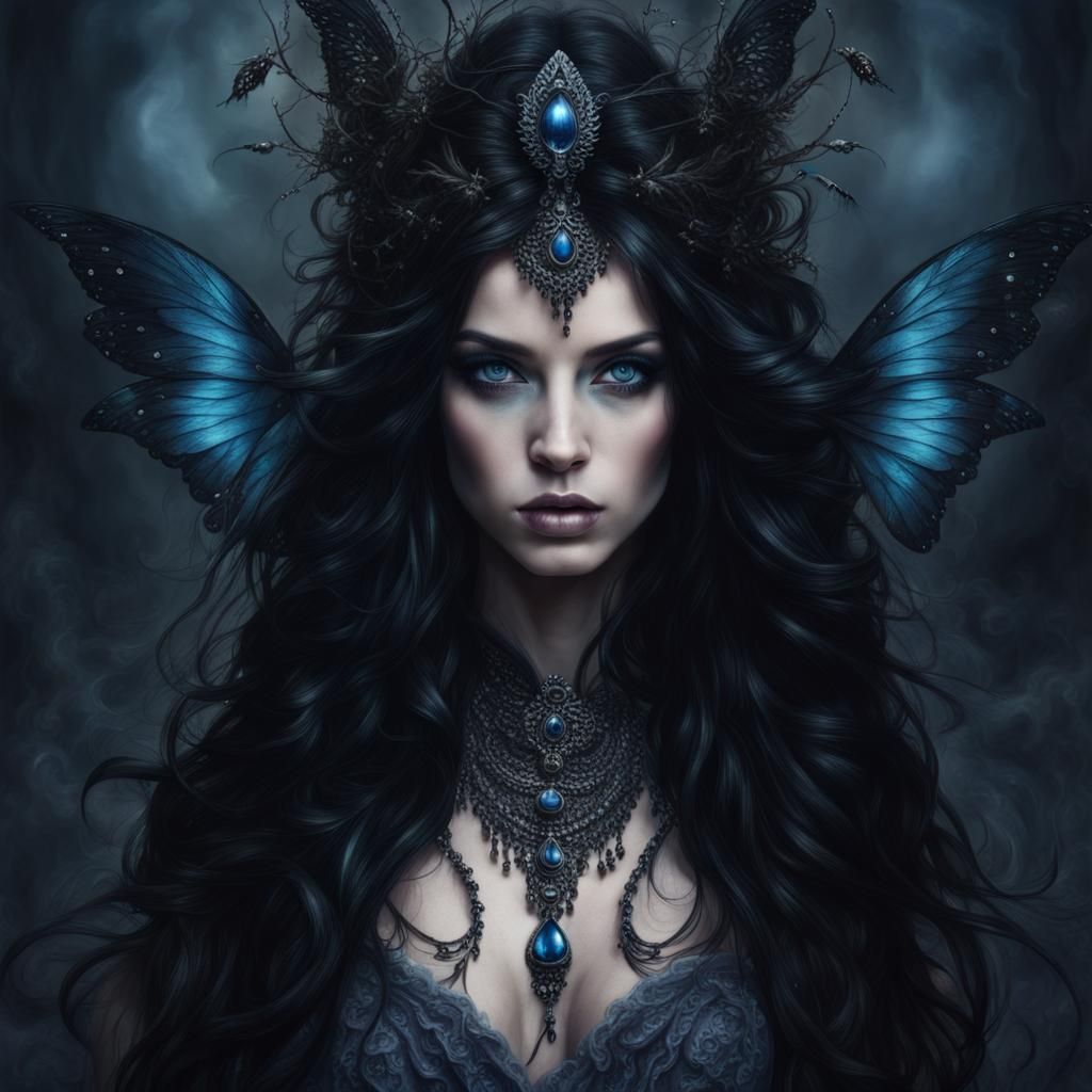 Sinister Dark Fairy Goddess with Blue Eyes