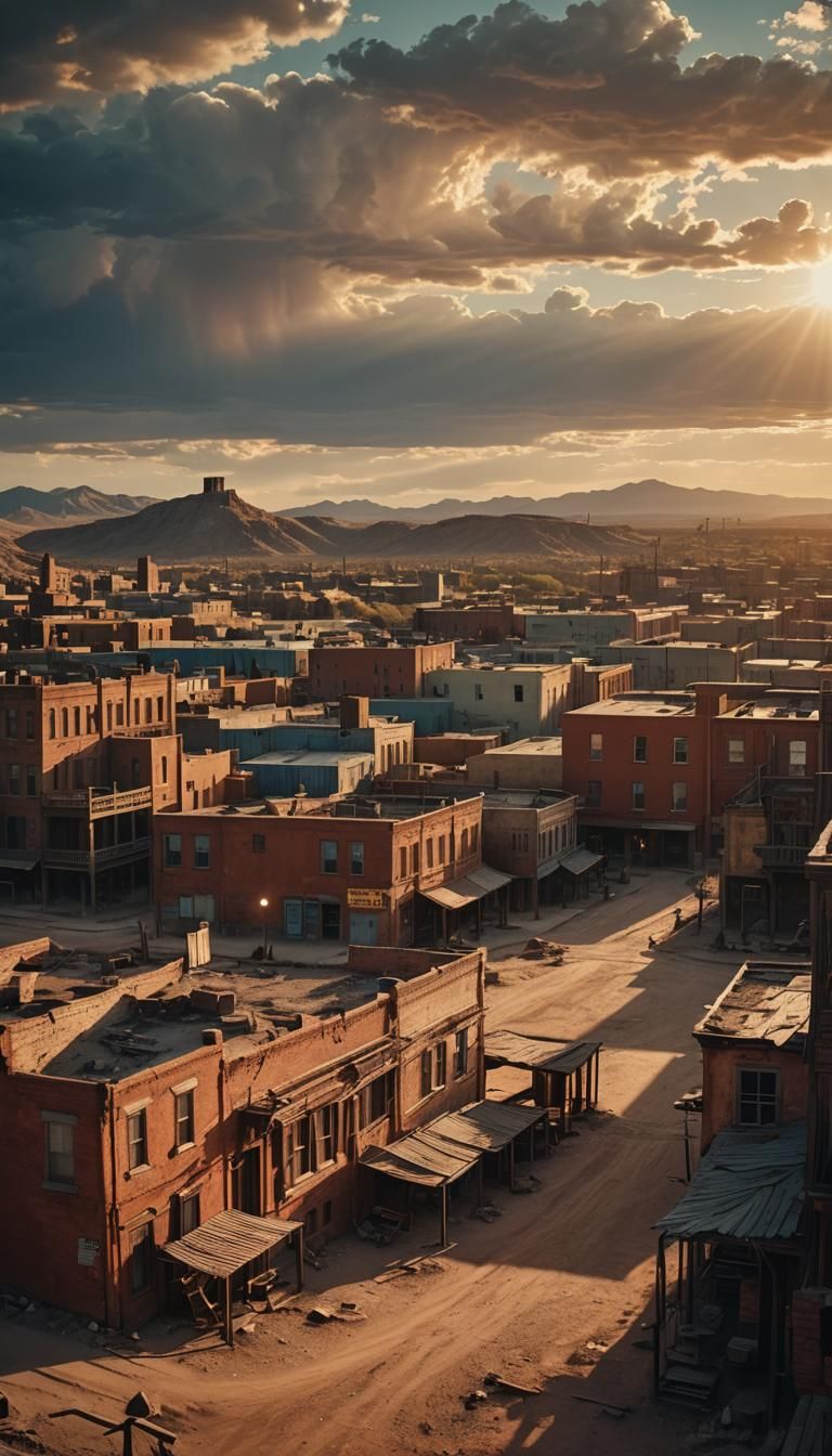 Desolate Western City Sunset in Film Noir Style
