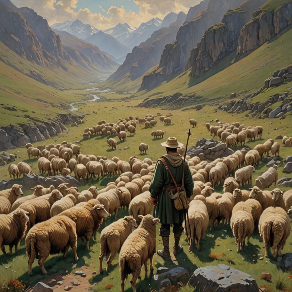 Shepherd Defends Sheep from Lion in Mountains