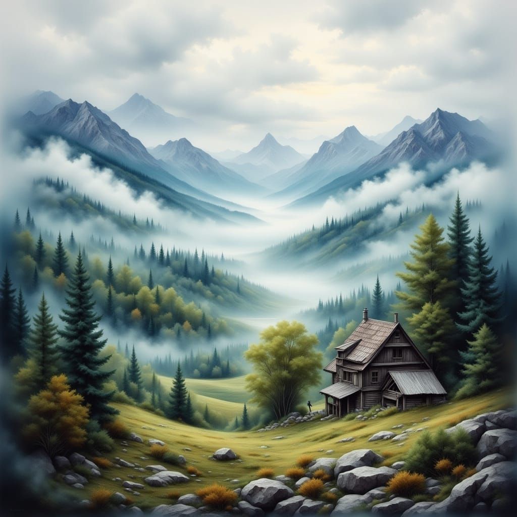Misty Mountain Cabin in Antique Watercolor Style