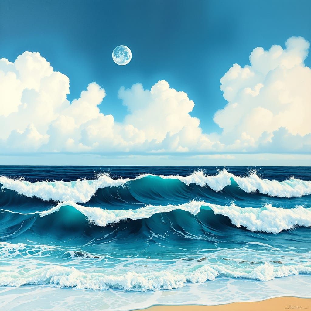 Turquoise Waves in Gouache Style
