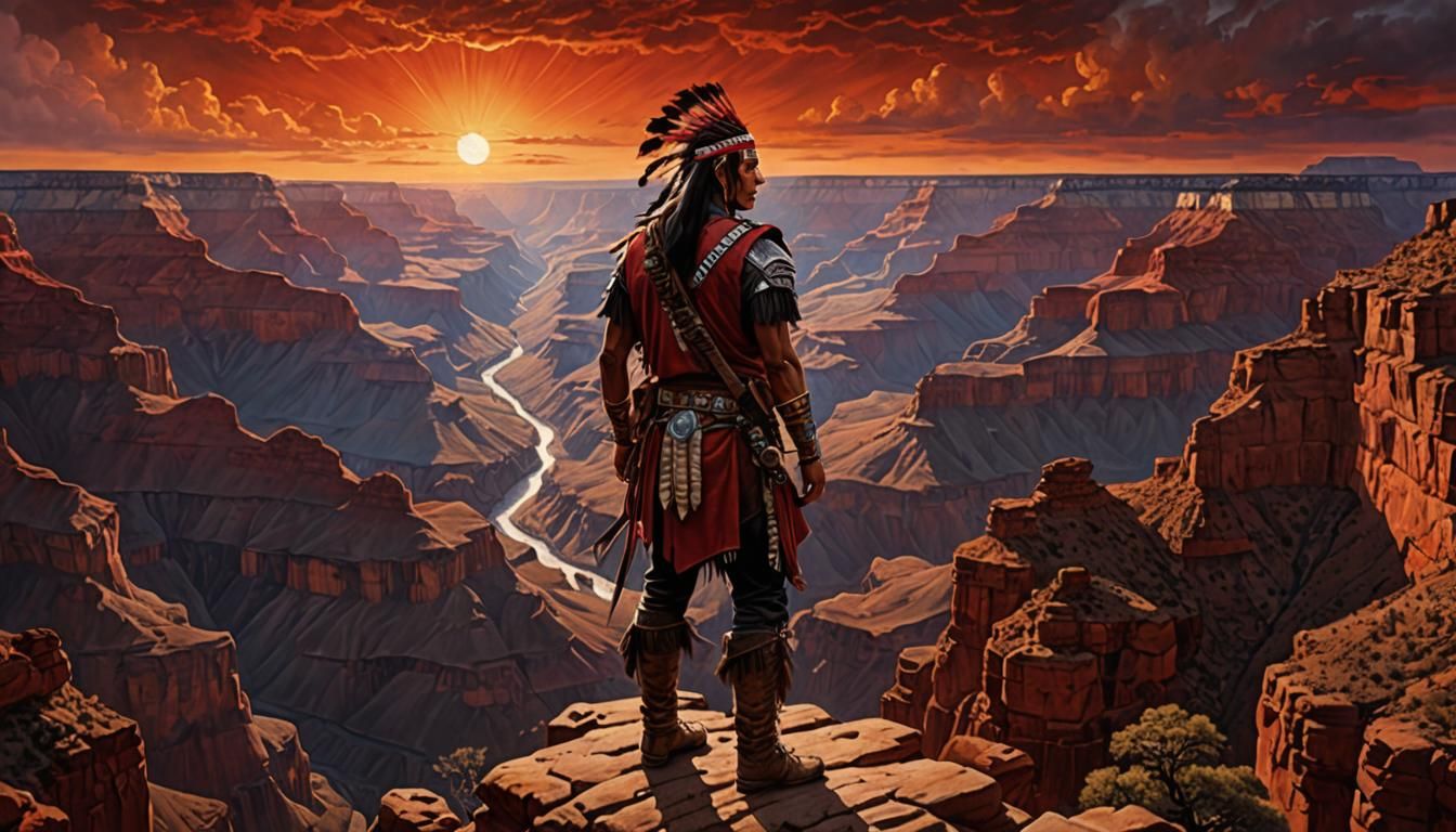 Native American Warrior at Grand Canyon, Airbrush Art