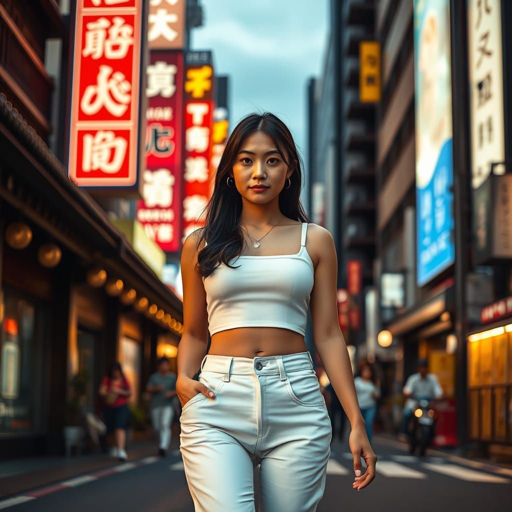 Tokyo Street Scene: Japanese Woman in Neon Glow