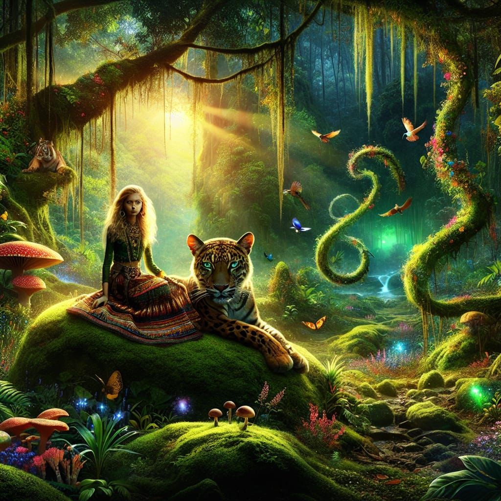 Girl and Panther in Enchanting Forest Scene
