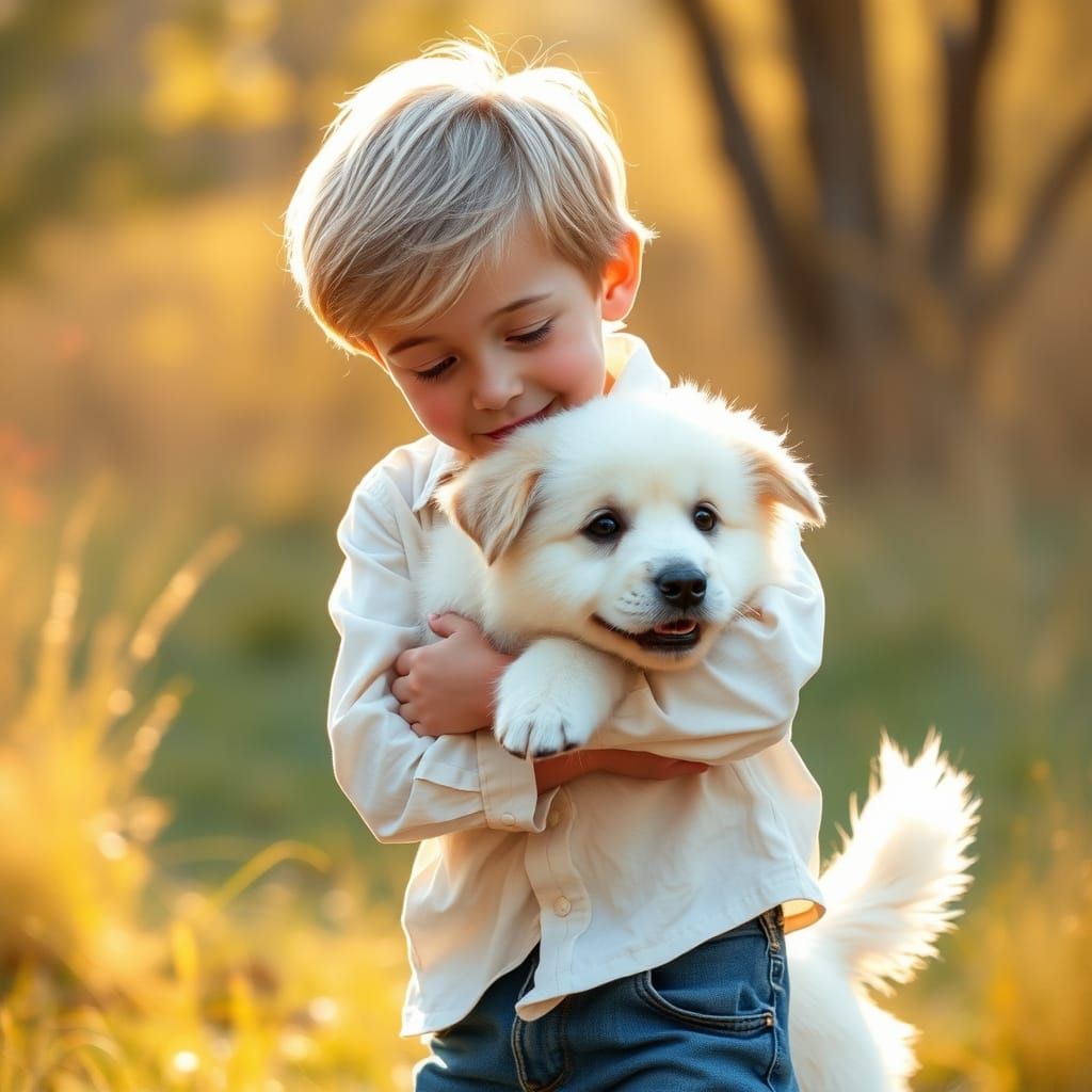 Young Boy and Snowy Dog Share Tender Moment in Warm Afternoo...