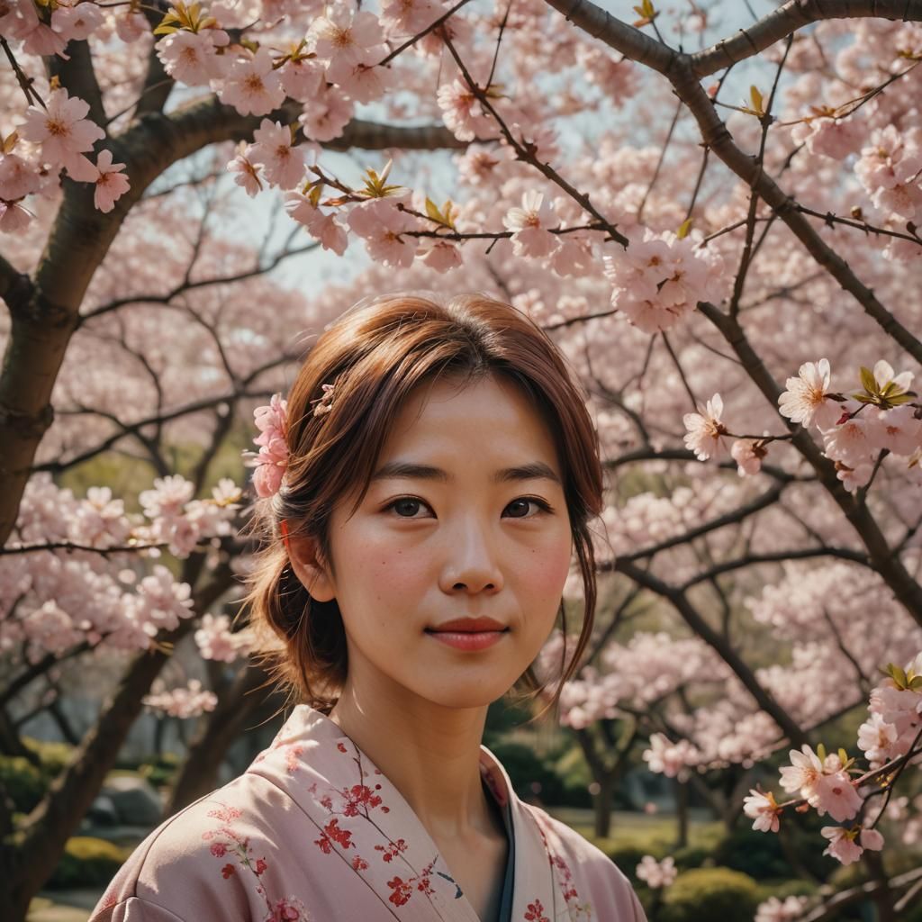 Asian Girl Portrait with Sakura, Hyperrealistic Style