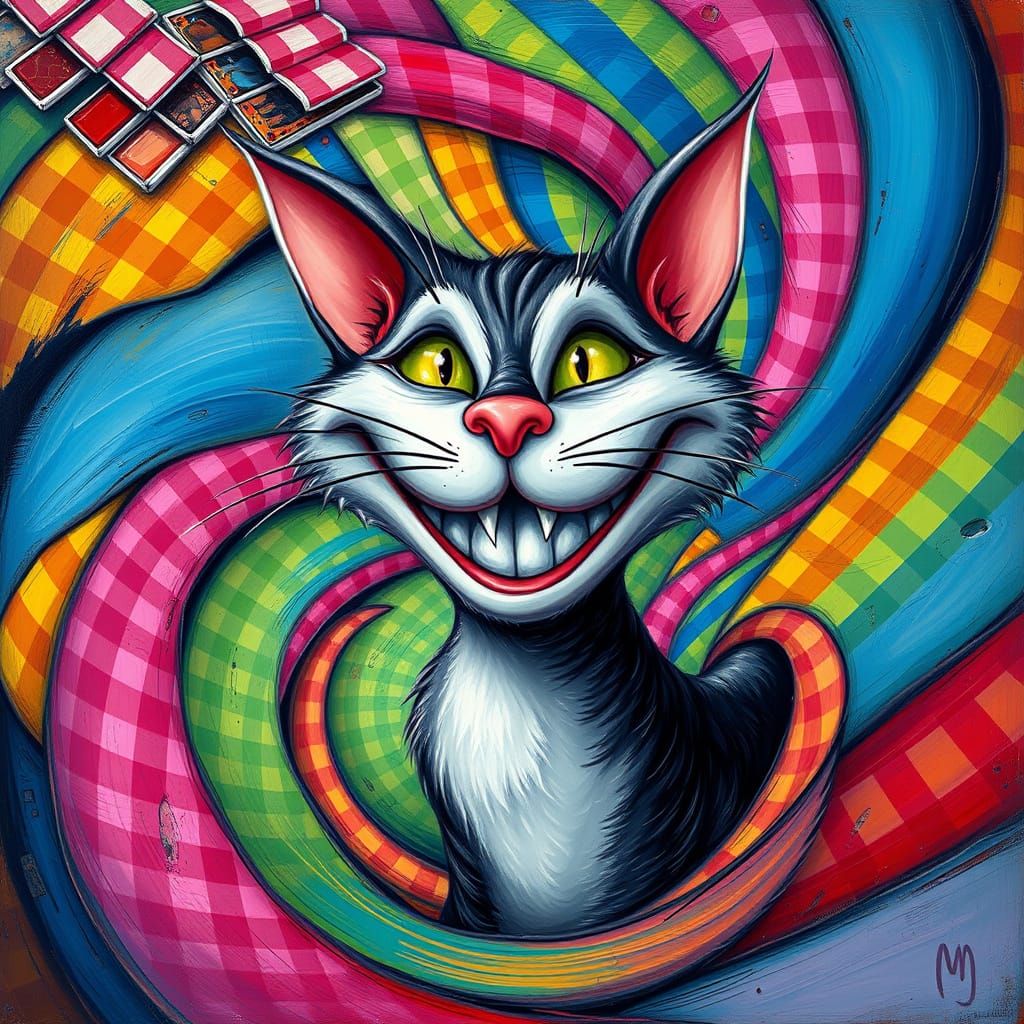 Whimsical Cheshire Cat in Vibrant Gingham Wonderland