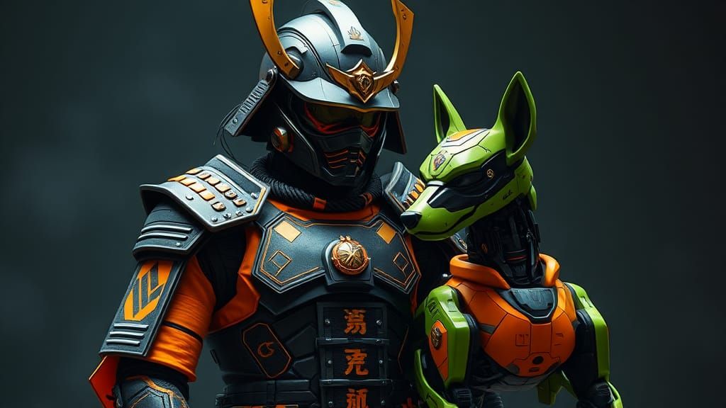Futuristic Samurai with Robot Dog in Tech Armor