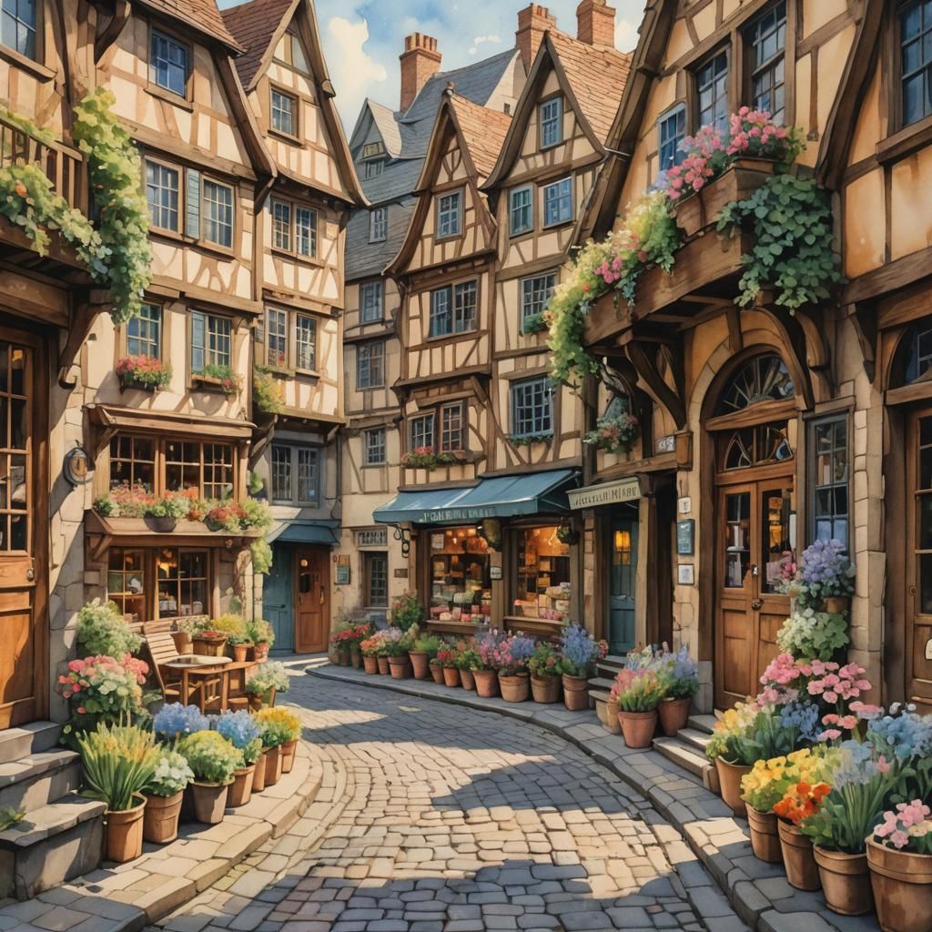 Charming Village Street Scene in Watercolor Style
