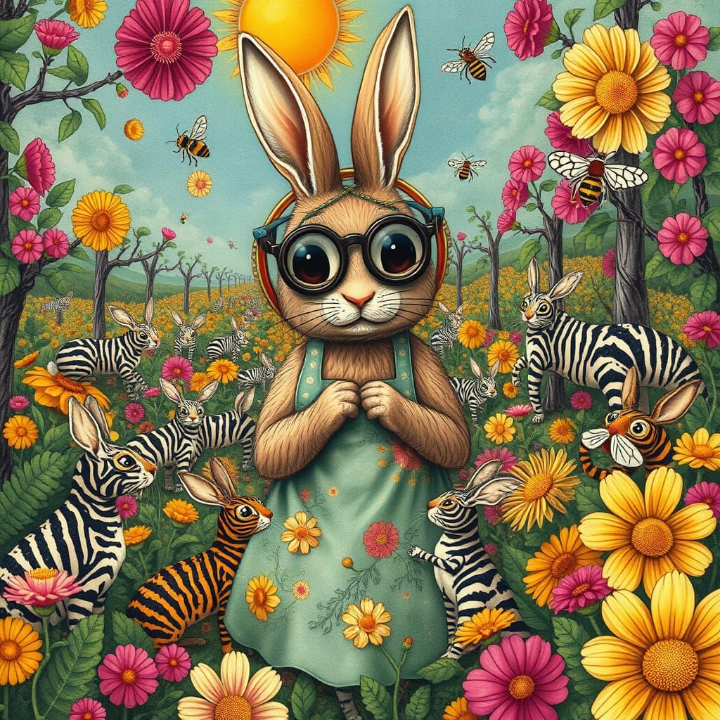 Surreal Solarpunk Bunny Inventor in a Gingham Bee Paradise