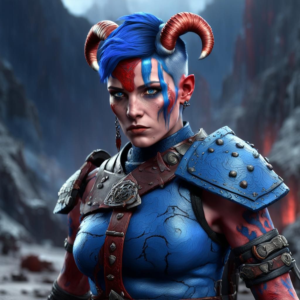Tiefling Barbarian with Blue Hair, Fantasy Art