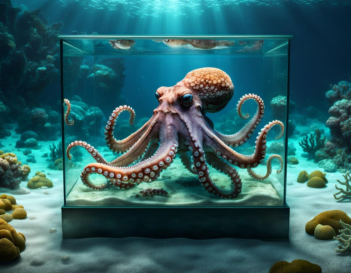 Octopus in Glass Box Underwater Digital Painting