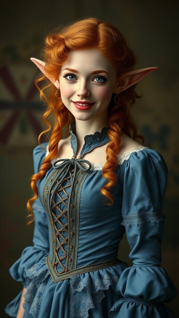 Victorian era female elf with pale skin and smiling with a beautiful face and long medium ginger curly hair and wearing ...