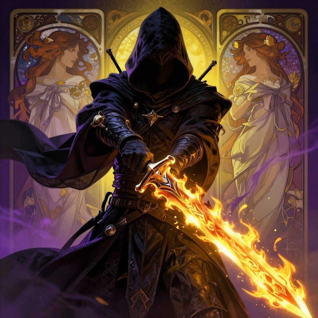 Dark Fantasy Assassin with Flaming Sword