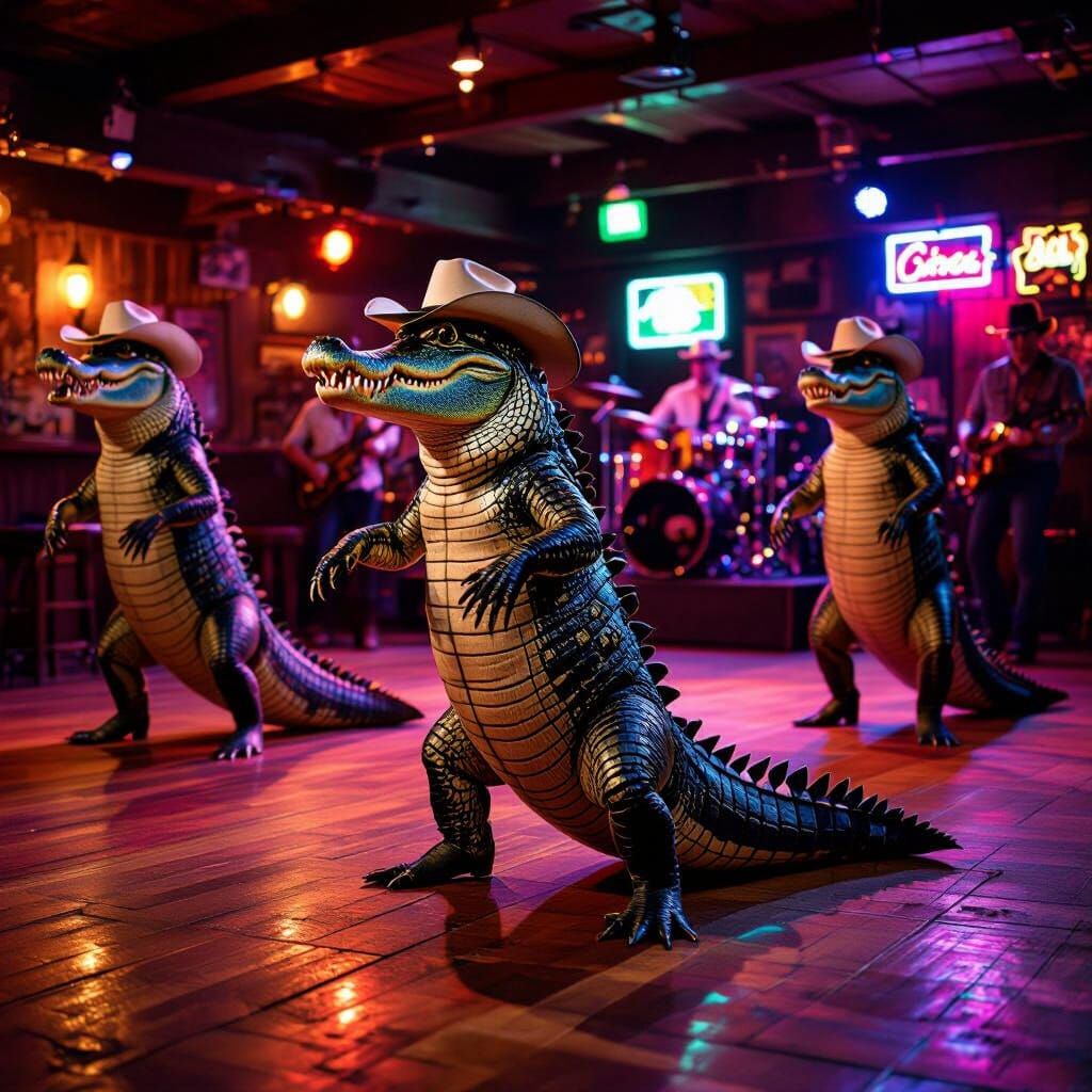 Alligator Shifters Line Dancing in City Bar with Live Band