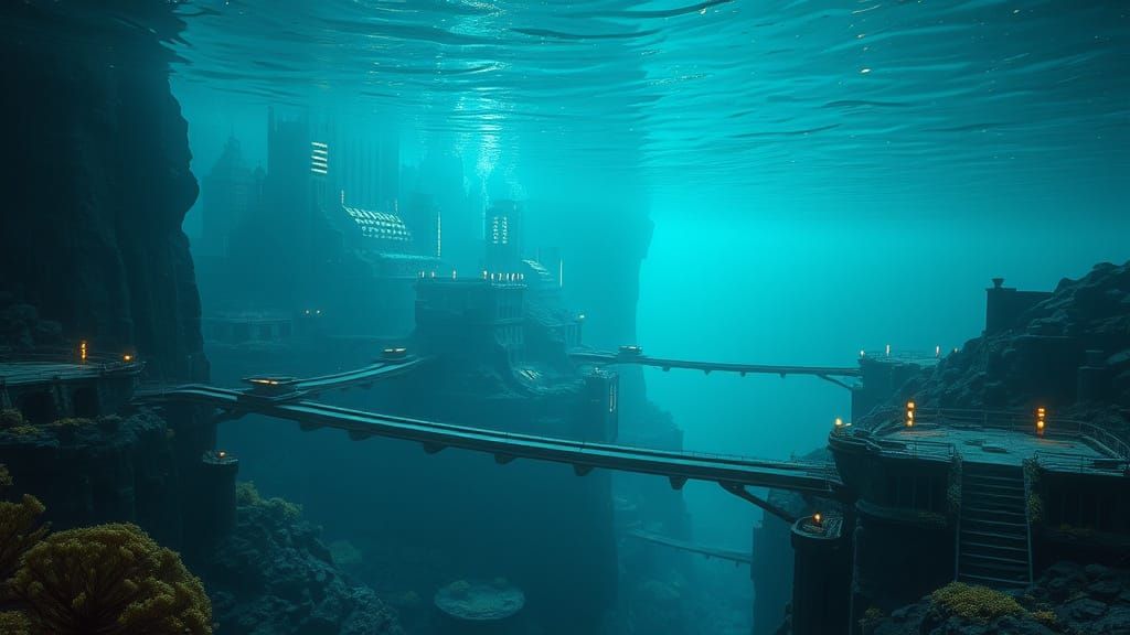 Bioluminescent Cityscape in Sunken Future Metropolis