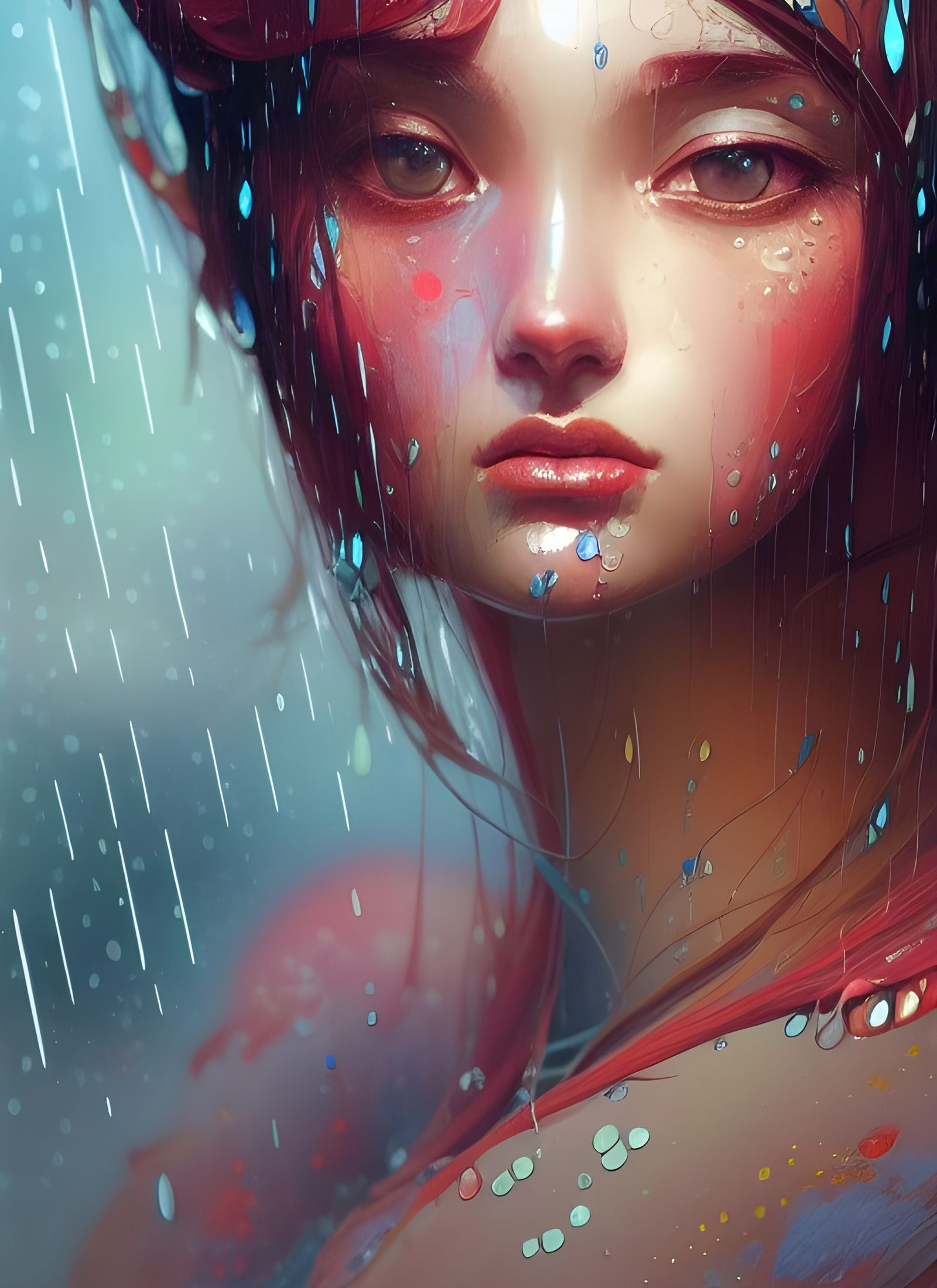 Beautiful Nymph Portrait in Rain, Digital Illustration