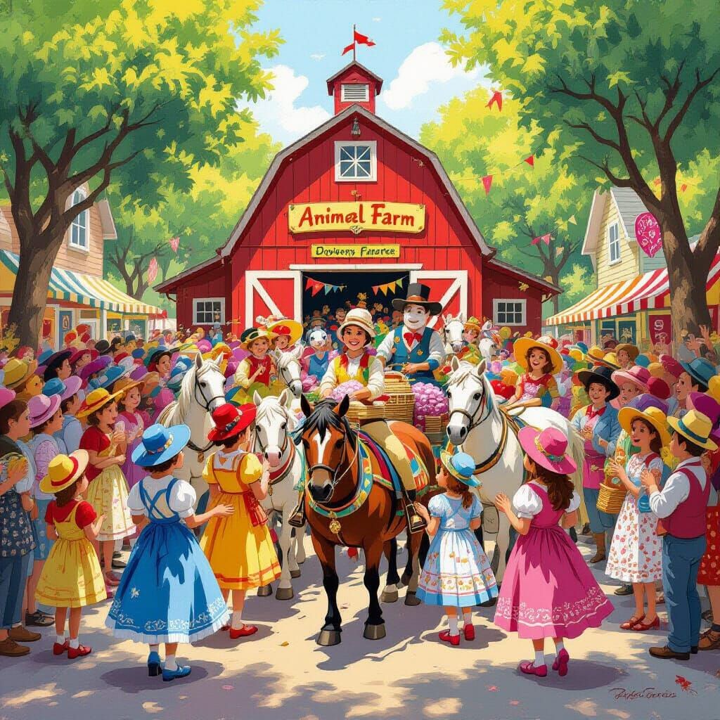 Festive Animal Farm Parade in Camille Rose Garcia Style
