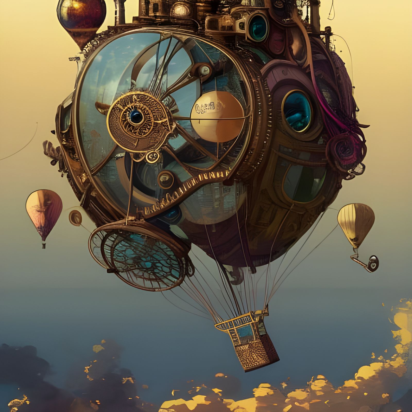 Steampunk Art Nouveau Clockwork Air Balloon Illustration
