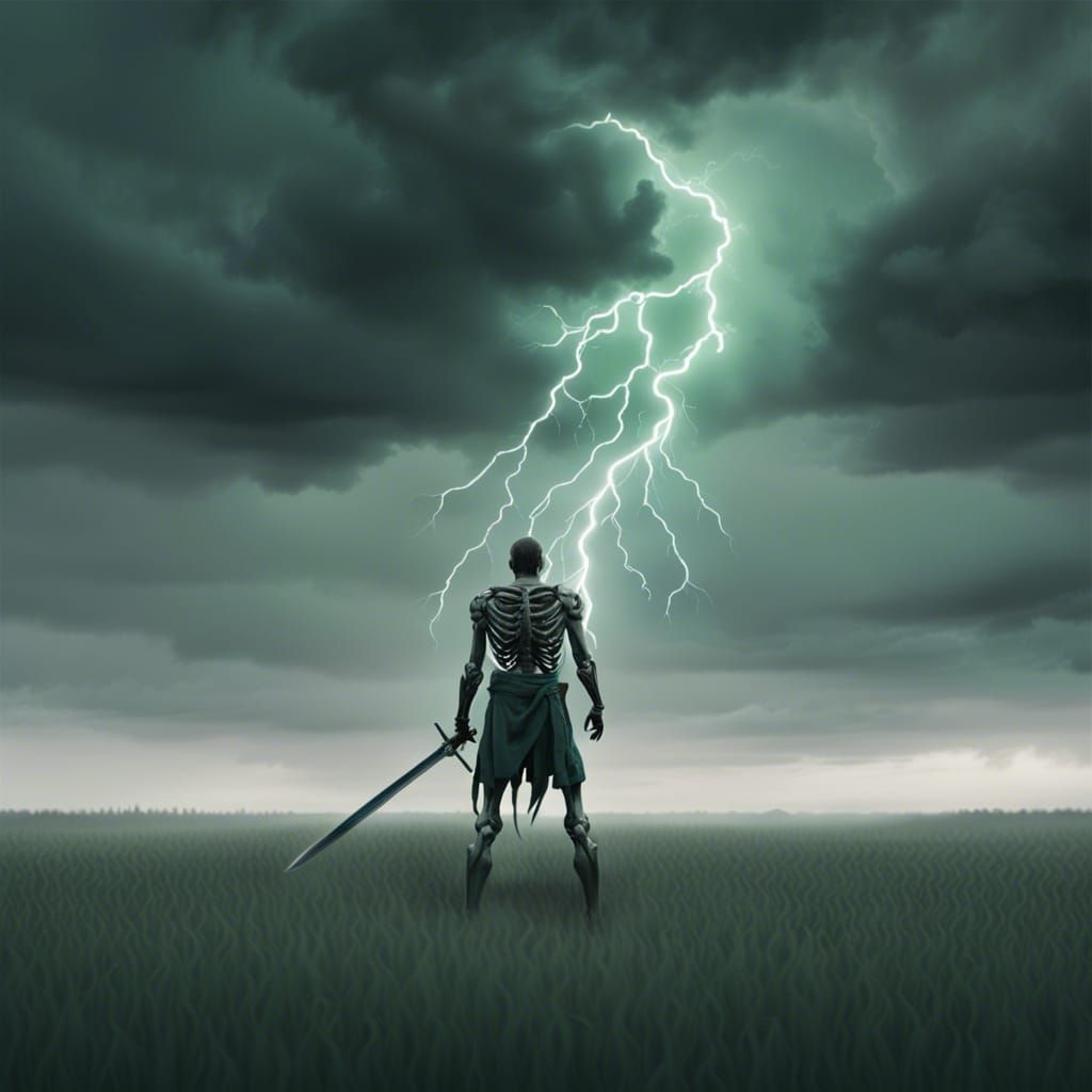 Bleeding Warrior Confronts Fate in Stormy Field