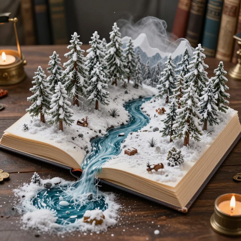 Magic Book Unleashes Winter Forest Landscape