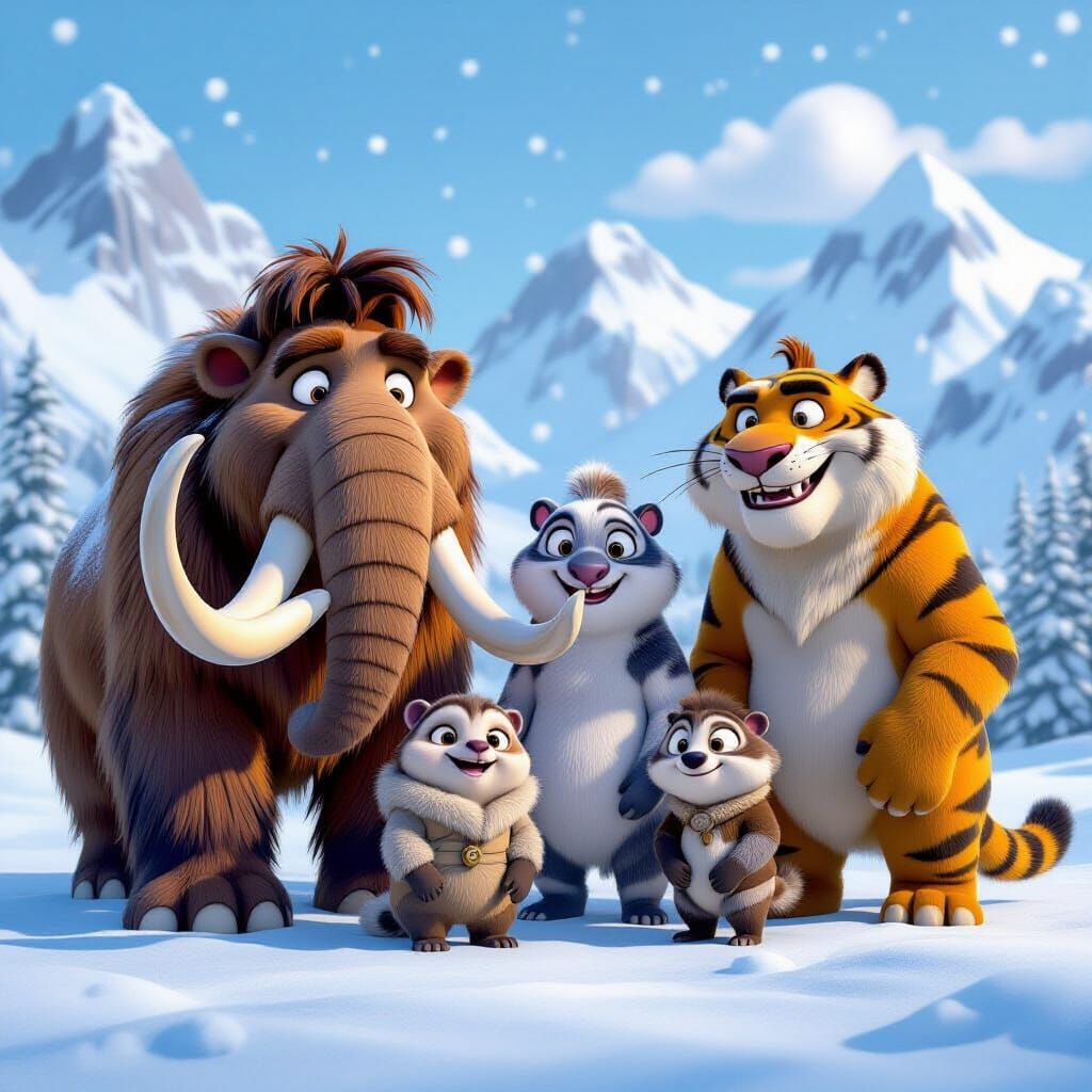 Cartoon Prehistoric Animals in Snowy Ice Age Landscape