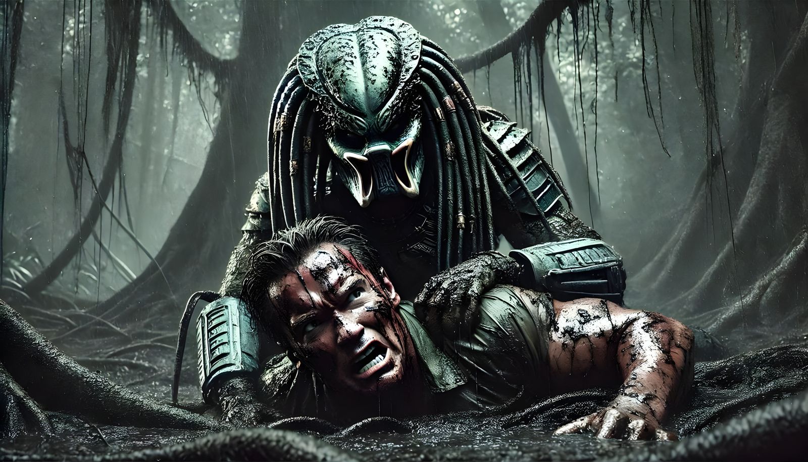 Dutch and Predator in a Futuristic Jungle Landscape